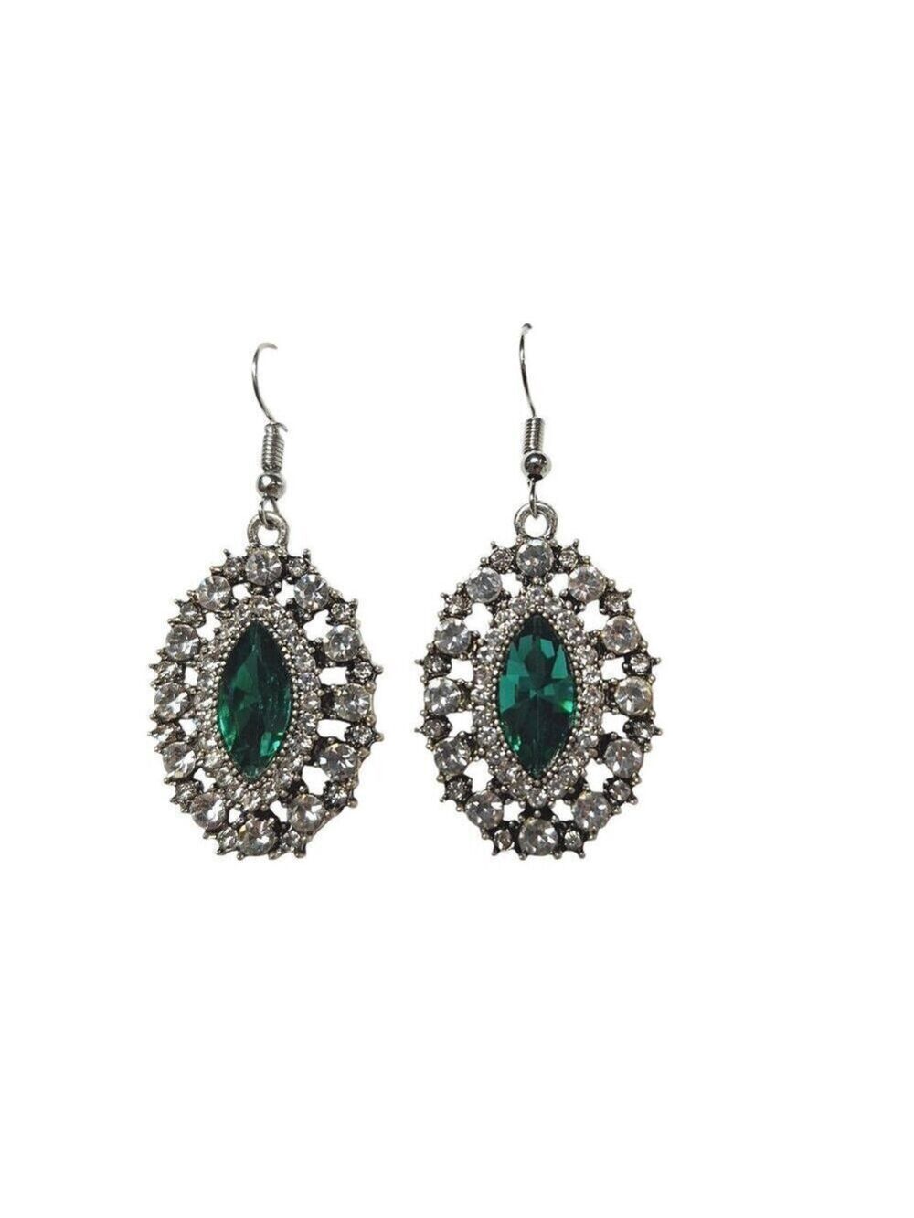 Silver Tone Green Crystal Rhinestone Dangle Earrings